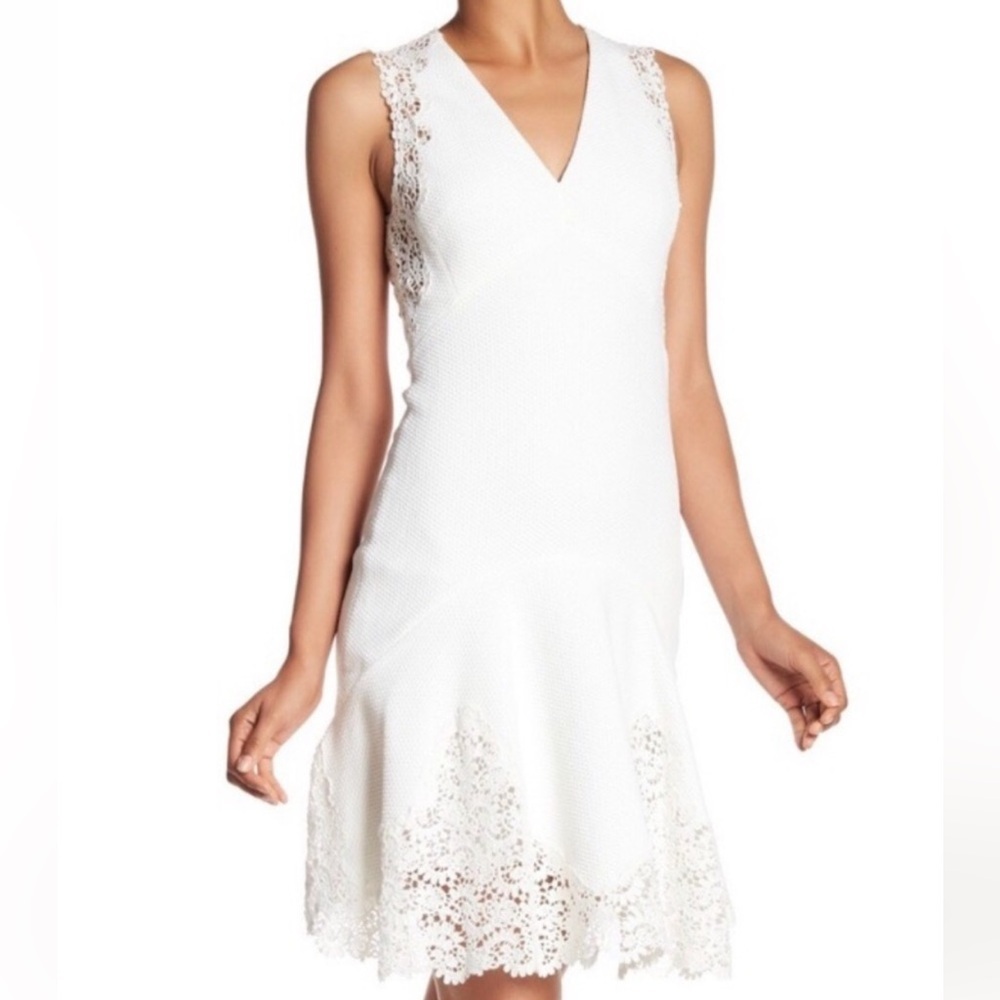 NWT Rebecca Taylor White V-Neck Textured Lace Sleeveless Dress 0 Wedding Bride